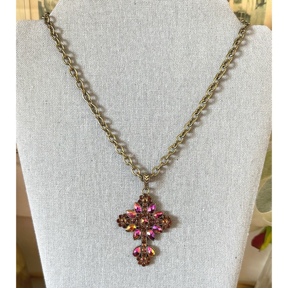 Vintage Kirk' s Folly Rhinestone AB Cross Pendant Necklace